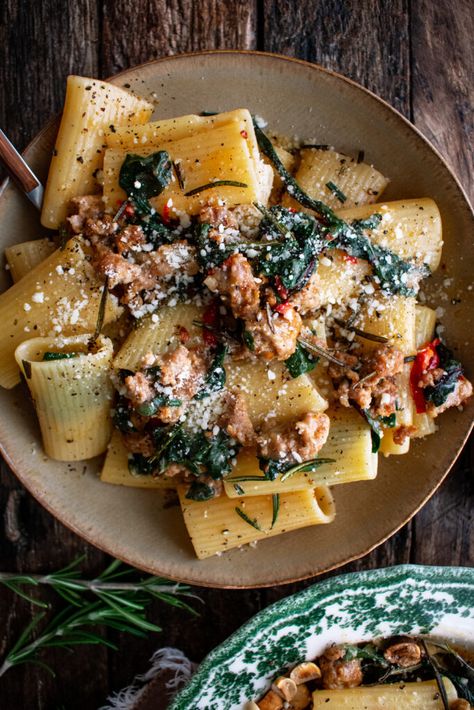 Paccheri Pasta Recipes, Wine Butter Sauce, White Wine Butter Sauce, Grains Recipes, Delicious Potatoes, The Original Dish, Pork Pasta, Roasted Hazelnuts, Wine Butter