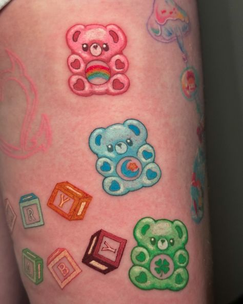 💖 Gummy Care Bears and “Cry Baby” blocks to start off my week at Eclipse! Thanks for letting me do such cute tattoos, Hannah! 💖 #kawaiiaesthetic #pastelaesthetic #colortattoo Baby Blocks Tattoo, Blocks Tattoo, Color Tattoos, Baby Blocks, Kawaii Aesthetic, Care Bears, Pastel Aesthetic, Color Tattoo, Cute Tattoos