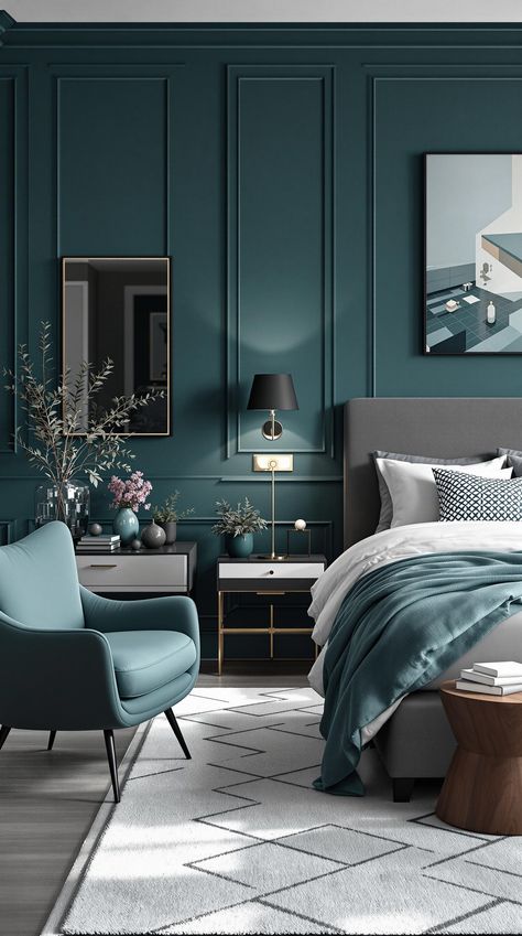 Dark Teal Bedroom Teal Green Bedroom, Teal Color Palette Bedroom, Teal Gray Bedroom, Dark Teal Walls, Teal Bedrooms, Teal And White Bedroom, Dark Teal Bedroom Ideas, Teal And Gray Bedroom, Dark Teal Bedroom