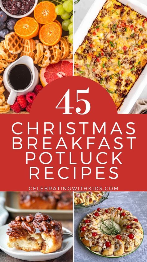 Breakfast Recipes Potluck, Christmas Office Breakfast Ideas, Christmas Morning Party Ideas, Christmas Potluck Breakfast Ideas, Christmas Morning Breakfast Savory, Kid Christmas Breakfast Ideas, Breakfast Trifle Recipes, Christmas Brunch Potluck Ideas, Savory Christmas Breakfast Ideas