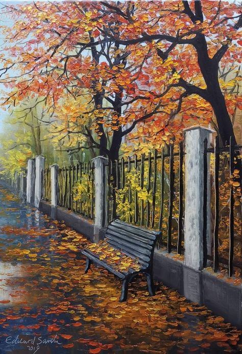 Fall Landscape Drawing, Fall Landscape Paintings Autumn, Autumn Landscape Drawing, Autumn Landscape Painting, Autum Paintings Acrylic, Autumn Painting Ideas Easy, Autumn Landscape Painting Acrylic, Fall Landscapes Acrylic, Autumn City Painting