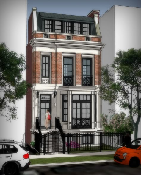 French Townhouse Exterior, Industrial Townhouse Exterior, Townhome Bloxburg, Sims 4 Brownstone, Townhouse Exterior Design, Town House Exterior, Townhouse Bloxburg, British Townhouse, Row House Exterior