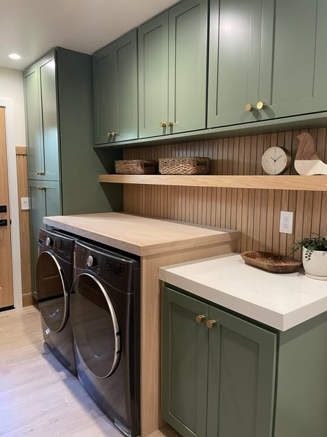 Wood Panelling Utility Room, Green And Timber Laundry, Eucalyptus Laundry Room, Laundry Room Sage Green Cabinets, Laundry Room Design Green Cabinets, Laundry Green Cabinets, Laundry Room Ideas Green Cabinets, Green And Brown Laundry Room, Olive Green Laundry Room Cabinets