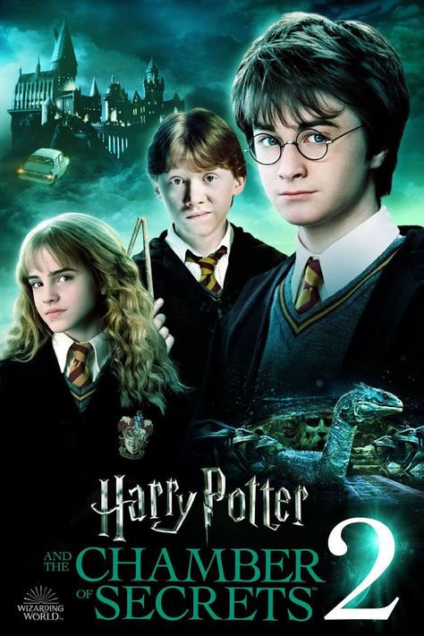 The second instalment of boy wizard Harry Potter's adventures at Hogwarts School of Witchcraft and Wizardry, based on the novel by JK Rowling. A mysterious elf tells Harry to expect trouble during his second year at Hogwarts, but nothing can prepare him for trees that fight back, flying cars, spiders that talk and deadly warnings written in blood on the walls of the school. Poster Harry Potter, Harry Potter Ron And Hermione, Ron And Harry, Butterfly Patterns, The Chamber Of Secrets, Harry Potter Poster, Festa Harry Potter, Harry Potter And The Chamber Of Secrets, Images Harry Potter