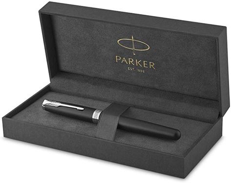 Parker Sonnet Medium Nib Stainless Steel Gold Finish Trim Gift Boxed Fountain Pen: Amazon.co.uk: Office Products Parker Pen, Pen Store, Welcome Card, Luxury Pens, Artist Pens, Pen Accessories, Red Lacquer, Fabric Markers, Teachers Day