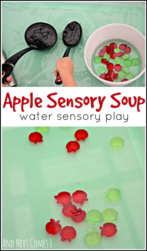 Apple themed fine motor water sensory play for toddlers and preschoolers from And Next Comes L Apple Sensory Bin, Apple Sensory, Water Sensory Play, Preschool Apples, Sensory Play For Toddlers, Preschool Apple Theme, Play Preschool, September Preschool, Apple Week