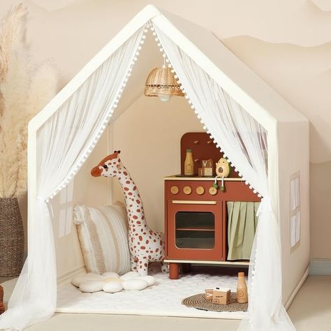 Kids Tent Beige Play Tent with Long Mesh Curtain and Mat - On Sale - Bed Bath & Beyond - 39680448 Play Houses For Kids Indoor, Cottage Castle, Large Playhouse, Play Cottage, Playhouse Tent, Mesh Curtain, Boys Play, Kids Tent, Fairy Room