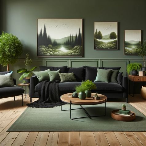 sage green walls and black furniture Black And Green Lounge Room, Charcoal Grey And Green Living Room, Grey Couch Green Walls Living Room, Green Couch With Green Wall, Green And Black Sitting Room, Sage Green And Black Living Room Decor, Light Green And Black Living Room, Green And Dark Gray Living Room, Black Sofa Green Wall