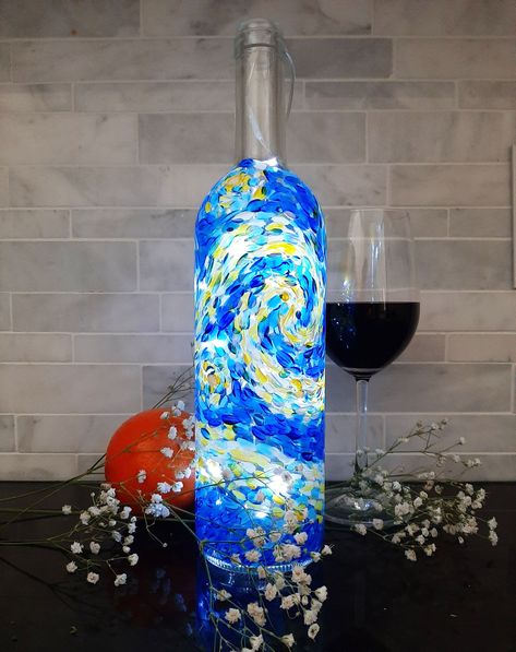 Book now for Glass/Ceramics: Bottle Painting - Starry Night with Tia Canonico on 01/21/2025 at 185 Main st Farmingdale, NY. Earn 10 Loyalty Reward points for every ticket! Paint Alcohol Bottles, Red Wine Bottle Crafts, Glass Painting Bottles Art, Glass Painted Bottles, Painted Whiskey Glasses, Acrylic On Glass Painting, Painting On Bottles Ideas, Vodka Bottle Art, Plastic Water Bottle Crafts