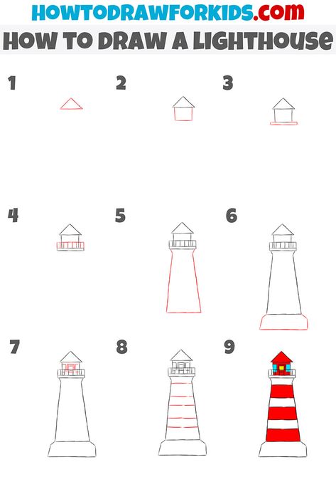 Drawing A Lighthouse, Step By Step Lighthouse Painting, Lighthouse Easy Drawing, Simple Light House Drawing, Easy Lighthouse Painting For Beginners, Drawings Of Lighthouses, Watercolor Lighthouse Paintings Easy, Lighthouse Easy Painting, Lighthouse Sketch Simple