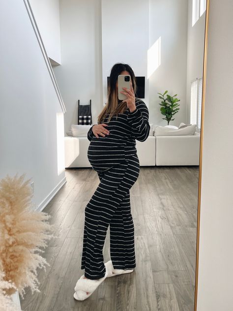 Maternity Striped PJ Set Curated On LTK Maternity Homewear, Comfy Pregnancy Outfits Summer, Pregnancy Outfits Comfy, Pregnacy Fashion, Pregnant Clothes, Maternity Pajama Set, Modest Winter Outfits, Maternity Lounge Wear, Casual Maternity Outfits