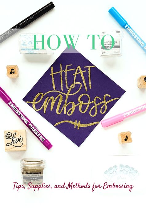 Use embossing ink, embossing powder, and a heat tool to create beautiful raised designs. Learn about how to use embossing markers, stamp pads, and liquid ink. Embossing Techniques Powder, How To Emboss, How To Use Embossing Powder, Heat Embossing Techniques, Heat Embossed Cards, Emboss Lettering, Homemade Envelopes, Embossing Ideas, Embossing Pen