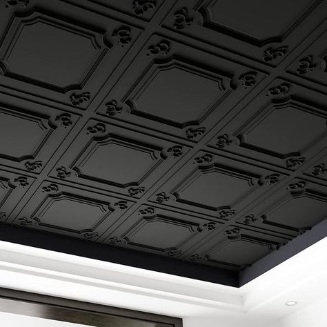 Metal Drop Ceiling Ideas, Art Deco Ceiling Tiles, Office Ceiling Tiles Makeover, Green Wall Black Ceiling, Victorian Ceiling Tiles, Bedroom Ceiling Tiles, Covering A Drop Ceiling, Modern Victorian Ceiling, Utility Room Ceiling Ideas