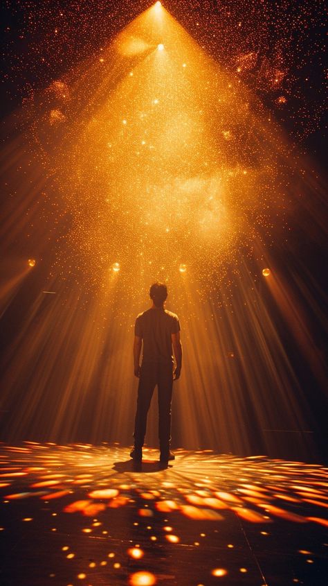 "Dramatic Light Performance: A lone #silhouettes stands engulfed in #goldenlight beams shining through a cascade of sparks. #artificialintelligence #dramaticlighting #creativeart #aiimagery #photography #digitalart #aiphotography #stockcake ⬇️ Download and 📝 Prompt 👉 https://stockcake.com/i/dramatic-light-performance_290930_59002". Light Beam Photography, Performance Art Aesthetic, Dramatic Lighting Painting, Dramatic Stage Lighting, Extreme Lighting Reference, Golden Light Photography, Theatre Lighting Design Inspiration, Dynamic Lighting Reference, Spotlight Aesthetic