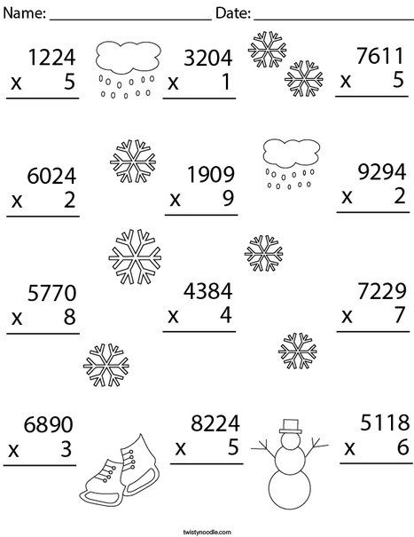 Winter Multiplication Practice 4 Digit by 1 Digit Math Worksheet - Twisty Noodle 4 Digit By 1 Digit Multiplication, Christmas Multiplication Worksheets, Multiplication Coloring Worksheets, Free Printable Multiplication Worksheets, Third Grade Math Activities, Holiday Math Worksheets, Math Division Worksheets, Printable Multiplication Worksheets, Third Grade Math Worksheets