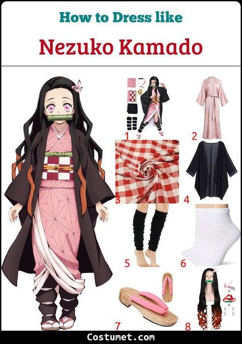 Nezuko Kamado Costume from Demon Slayer for Cosplay & Halloween 2022 Nezuko Dress Pattern, Demon Slayer Nezuko Outfit, Diy Nezuko Costume, Demon Slayer Costume Ideas, Nezuko Cosplay Outfit, Demon Slayer Cosplay Ideas, Nezuko Clothes, Demon Slayer Dress, Diy Anime Costume