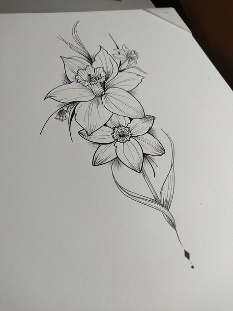 Narciso flower idea tattoo | #tattoo #tattoos #sketch Narcissus Flower Tattoo Forearm, Rose And Narcissus Flower Tattoo, Easter Flower Tattoo, Narcissus Tattoo December, Narcissus Flower Tattoo With Butterfly, Narcissus Flower Tattoo With Name, Narcissus And Rose Tattoo, Echo And Narcissus Tattoo, Daphodile Flower Tattoo