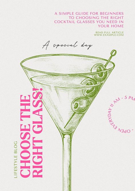 Alcohol glasses blog poster template, editable design | premium image by rawpixel.com Cocktails Poster Design, Vintage Bar Poster, Flyer Design Aesthetic, Make Up Poster Design, Alcohol Poster Design, Cocktail Graphic Design, Elegant Poster Design, Cocktail Sketch, Birthday Graphic Design