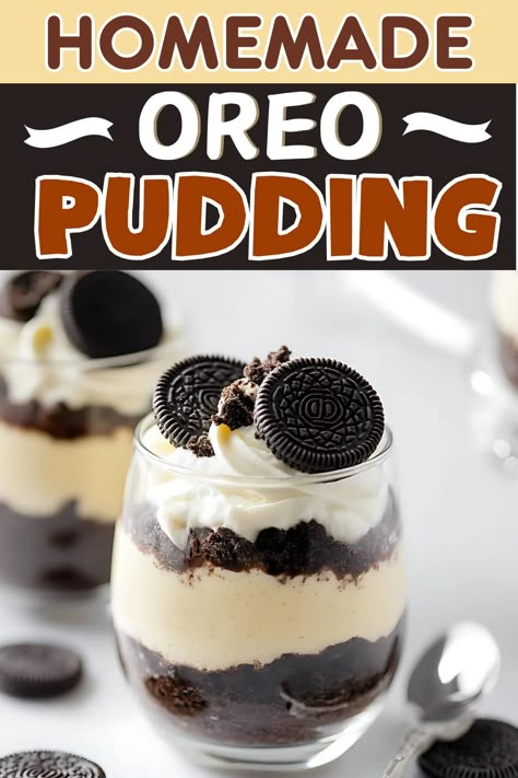 This no-bake homemade Oreo pudding recipe features layers of crushed cookies and a dreamy cream cheese pudding. Top it with more cookies, and you'll swoon. Oreo Cookie Pudding Dessert, Easy Oreo Pudding Dessert, Oreo Pudding Dessert, Cream Cheese Pudding, Shooters Recipes, Cookie Pudding Dessert, Chocolate Pudding Cups, Dessert Shooters Recipes, Cheese Pudding