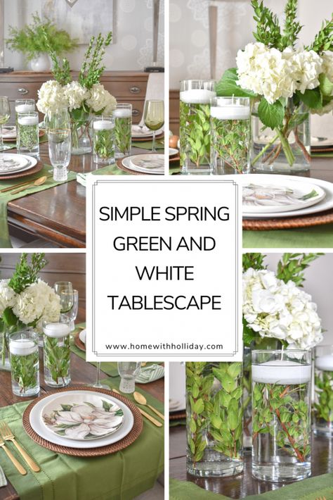 Simple Spring Green and White Tablescape Green Table Settings, Green Tablescape, White Tablescape, White Table Settings, Spring Table Settings, Simple Table Settings, Spring Table Decor, Green Tablecloth, Easter Table Settings