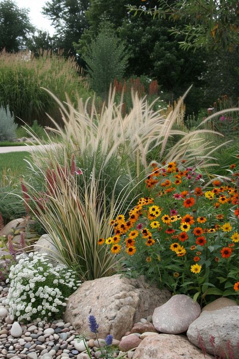 15 Tips for Using Rocks in Your Flower Bed – Everyday Inspo Rock And Plants Landscaping, Flower Bed By Sidewalk, Hardscape Flower Bed, Rock Berm Landscaping, Rock And Flower Garden, Rocks Around Flower Bed, Flower Bed Alternative Front Yards, Cabin Flower Beds, Landscape Ideas Oklahoma