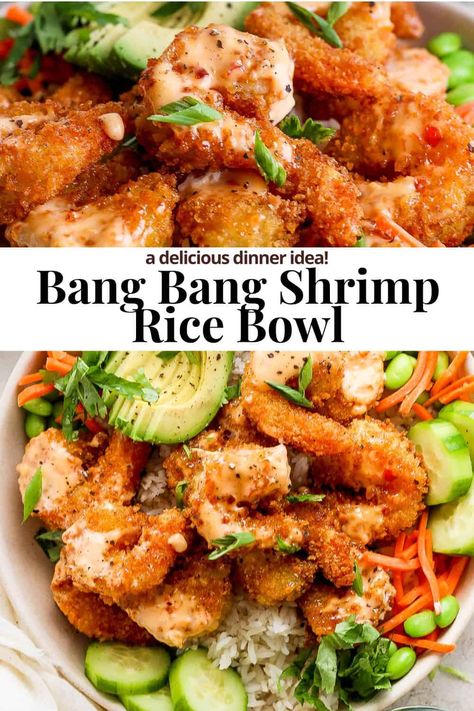 Bang Bang Shrimp Rice Bowl - A delicious Bang Bang Shrimp Rice Bowl is your new favorite dinner idea! Crunchy Shrimp, creamy sauce rice and all the add-ins! #bangbangshrimpricebowl #bangbangshrimpricebowlrecipe #bangbangshrimprice #bangbangshrimp #bangbangshrimpsauce Meals With Popcorn Shrimp, Shrimp Recipes Bowl, Ginger Pork Rice Bowl, Tilapia Rice Bowl, Healthy Dinner Shrimp Recipes, Healthy Bang Bang Sauce, Crispy Shrimp Bowl, Cajun Shrimp Rice Bowl, Sushi Bowl Recipe Shrimp