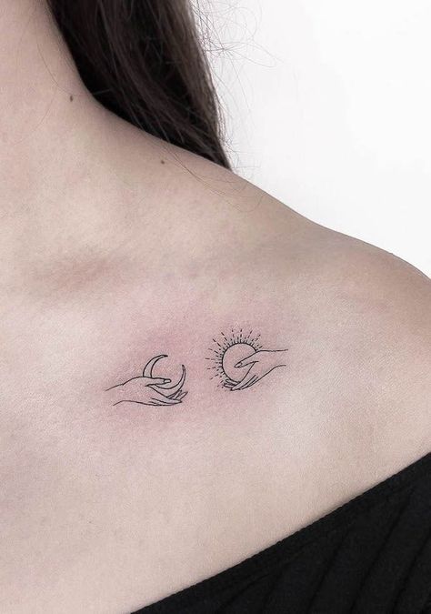 Small Tattoos Moon And Sun, Collar Bone Tattoo With Meaning, Below Collarbone Tattoo, Below The Collar Bone Tattoo, Sun On Collar Bone Tattoo, Pretty Moon Tattoos For Women, Sun Tattoo Ideas For Women Shoulder, Cute Bone Tattoo, Collar Bone Tattoo Sun And Moon