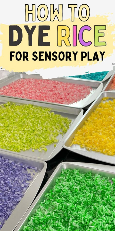 Dyed Rice Sensory, How To Make Coloured Rice Sensory Play, Colour Rice Sensory Play, Rice Play Activities, Rice I Spy Bottles, How To Dye Rice With Food Coloring, Diy Rice Sensory Bin, How To Colour Rice For Sensory Play, Dye Rice Food Coloring Sensory Play