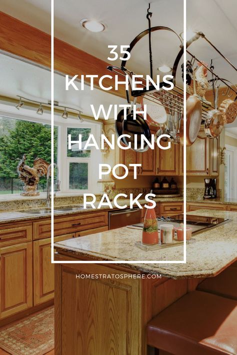 Display and organize your kitchen utensils with a Hanging pot rack.  #HangingPotRacks  #PotRacks  #PotsandPans Pot Hangers For Kitchen Over Island, Over The Sink Pot Rack, Hanging Pots In Kitchen Ideas, Ideas For Hanging Pots And Pans, Wall Mounted Pot Rack Above Stove, Hanging Pot Holder Kitchen, Kitchen Pot Hanging Ideas, Ceiling Rack Kitchen, Hanging Cooking Pots