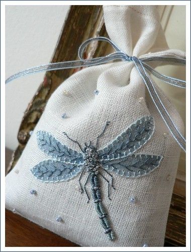 Blue Dragonfly, Lavender Bags, Pola Sulam, 자수 디자인, Wool Applique, Embroidery Inspiration, Ribbon Embroidery, Sachets, Embroidery And Stitching