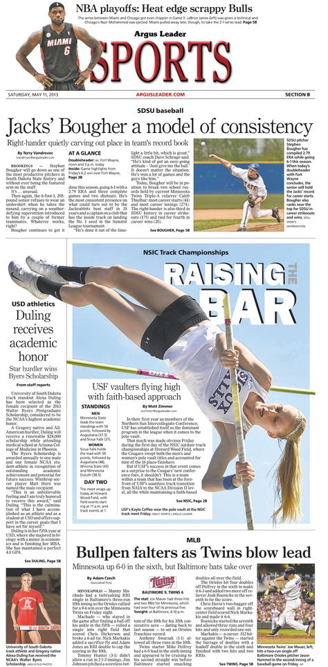 News Design: Sioux Falls Argus Leader's May 11, 2013 sports cover Sports Newspaper Design, Sports Infographic Design Layout, Sports Page Layout Newspaper, Sports Newspaper Design Layout, School Publication, Sports Newspaper, Media Kit Examples, Magazine Page Design, Pubmats Ideas