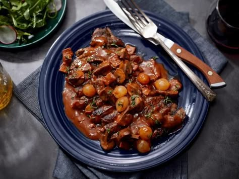 Get Steak Bourguignon Recipe from Food Network Steak Bourguignon, Mary Makes It Easy Recipes, Striploin Steak, Mary's Kitchen, Mary Berg, Tv Recipes, Beef Steak Recipes, Beef Dinners, Where's The Beef