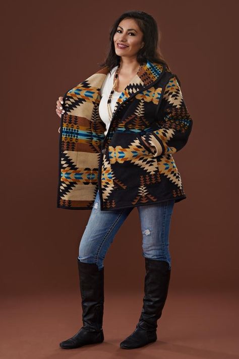 Shop for Pendleton® coats and jacket in Native American and Southwestern inspired designs. Find a great selection of coats, jackets and vests for women. Pendleton Clothing, Native American Style Outfits, Native American Jackets, Native American Inspired Fashion, Performance Aesthetic, Wool Car Coat, Pendleton Fabric, Native American Clothing, Cowgirl Fashion