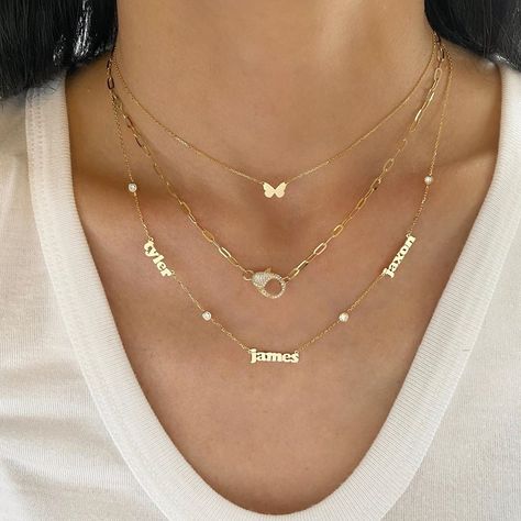 3,317 Likes, 39 Comments - @lolajamesjewelry on Instagram: “Friday favorites ✨🦋💎” Zoey Name, Necklace Name Design, Mini Butterfly, Jewelry Product Shots, Friday Favorites, Family Necklace, Gold Name Necklace, Jewelry Fashion Trends, The Numbers