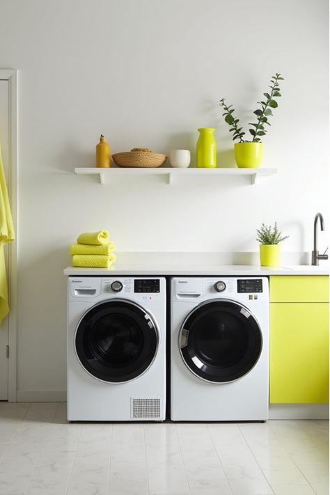 Contemporary white laundry room with neon yellow accessories and black appliances Laundry Room Paint Colors, Laundry Room Paint Color, Laundry Room Paint, Laundry Room Colors, Beautiful Color Palettes, Laundry Room Wallpaper, Laundry Space, Modern Laundry Rooms, Colourful Tile