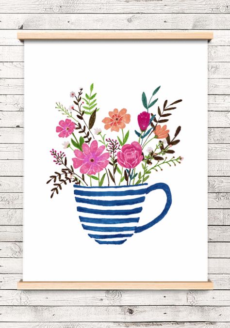 Teacup With Flowers Drawing, Teacup Art Drawing, Teacup Drawing, Floral Wreath Drawing, Pin Display Board, Watercolor Teacup, Teacup Art, Tea Cup Drawing, Watercolor Painting Easy