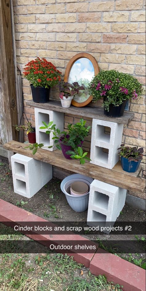 Outdoor shelves Outdoor Plant Shelf Ideas Diy, Diy Garden Shelves Outdoor, Diy Outdoor Shelves For Plants, Concrete Block Plant Stand, Cinder Block Porch Ideas, Patio Shelf Ideas, Cinder Block Shelves Outdoor, Outdoor Shelf Ideas, Outdoor Shelving Ideas