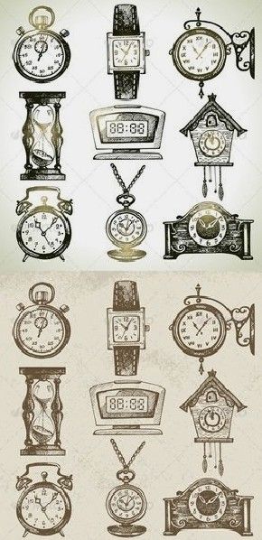 Jam Pasir, Clock Illustration, Clock Drawings, Watch Drawing, Etiquette Vintage, Clock Alarm, Watch Tattoos, Clock Tattoo, Watch Set