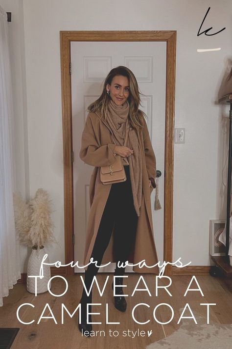 Visit here to learn four ways to wear a camel coat on Karina Style Diaries! If you are looking for a camel coat outfit that is casual, then this is the blog post for you. Get inspired to learn how to wear this camel coat outfit for a winter style classy. You will absolutely love camel coat women outfits this blog post has to offer as well. Be sure to shop this camel coat women minimal classic. There is really nothing better than camel coat street style. #coat #fall #outfits Tan Sweater Coat Outfit, How To Style Wool Coats, Camel Wool Sweater, Casual Camel Coat Outfit, Long Brown Coat Outfit Winter, Camel Coats For Women, Outfits With Wool Coat, Wool Camel Coat Women, Oversized Camel Coat Outfit