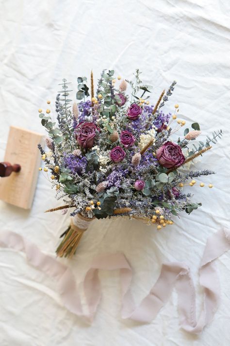 Purple Roses Wedding, Roses Wedding Bouquet, Lavender Wedding Bouquet, Lavender Bridal Bouquet, Dried Roses, Purple Wedding Bouquets, Lavender Eucalyptus, Flower Girl Bouquet, Lavender Bouquet