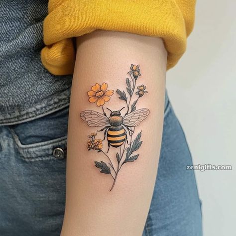 Bee Sunflower Tattoo, Wildflower Shoulder Tattoo, Bee Tattoos For Women, Bee And Flower Tattoo, Insect Tattoos, Honey Bee Tattoo, Bee Tattoos, Colored Tattoo, Earthy Tattoos