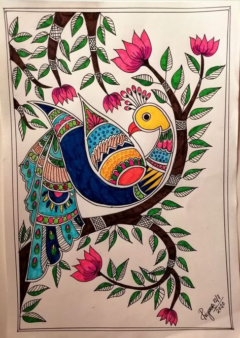 Madhubani Peacock Drawing, Pichwai Art Paintings Peacock, Madhubani Painting Design, Indian Folk Art Painting Wall Hangings, Madhubani Painting Drawing, Canvas Madhubani Painting, Indian Design Painting, Madhubani Art On Wall, Mithila Painting Peacocks