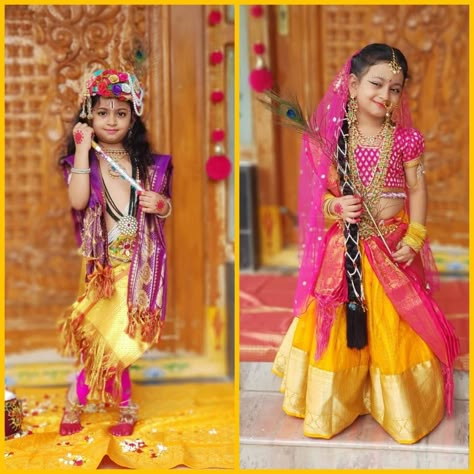 Radha Outfit For Kids, Radhe Costume For Kids, Radha Krishna Kids Photoshoot, Radhe Dress For Baby Girl, Radha Photoshoot Ideas For Kids, Radha Getup For Baby Girl, Radha Fancy Dress For Kids, Gopikamma Photoshoot, Radha Dress For Kids