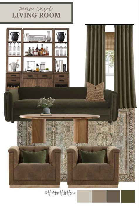 Masculine living room decor for a man cave! Moody Living Room Sofas, Living Room Ideas Two Couches, Living Room Two Couches Two Chairs, Masculine Sitting Area, Transitional Green Living Room, Moody Sitting Room Bar, Green Living Room Cabinets, Hunter Green And Tan Living Room, Black And Tan Leather Living Room