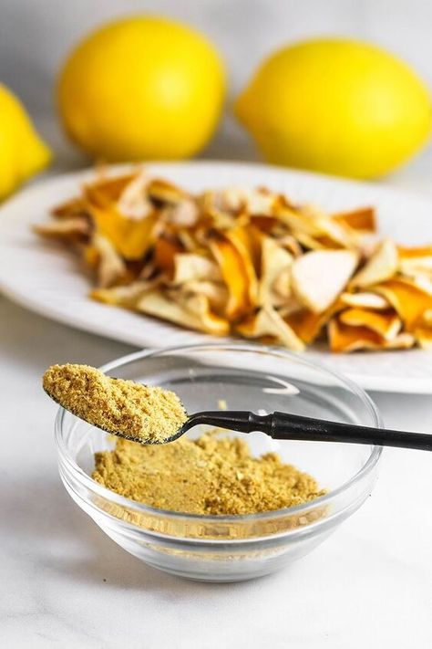 Learn how to make dried lemon peel powder to use for baking or enjoy in herbal teas. This homemade lemon zest is easy to make using a dehydrator, oven, or air fryer. Last summer, as I was making lemonade, I looked at a big bowl of spent lemon peels and thought I should probably reuse them rather than just compost them.I use a lot of dried lemon zest for teas and cooking, so I decided to them into lemon powder. There is a difference between dried lemon peel vs lemon zest. The zest i… Dehydrated Lemon Peel, Lemon Peel Recipes, Lemon Peel Powder, Dried Lemon Zest, Lemon Powder, Boil Lemons, Lemon Peels, Dried Lemon Peel, Lemon Juice Benefits