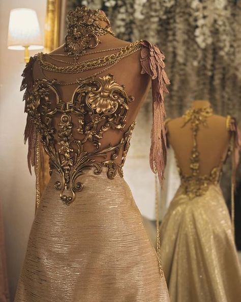 Fantasy Gala Dress, Day Court Aesthetic Dresses, Sun Themed Fantasy Dress, Nephi Garcia Dresses, Fantasy Ballgown Aesthetic, Goddess Dresses Aesthetic, Day Court Acotar Dress, Fantasy Sun Dress, Autumn Court Aesthetic Dress