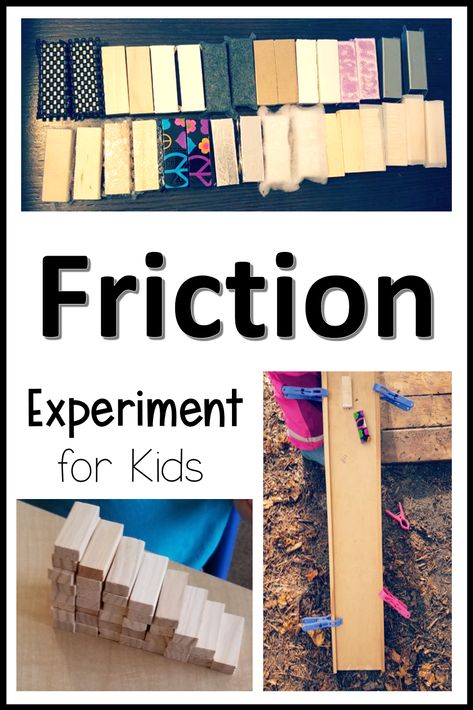 A collection of wooden blocks covered with different materials is shown at the top of the pin.  A stack of the wooden blocks and a ramp with the blocks sliding down is also shown. Friction Experiments For Kids, Friction Activities, Kindergarten Library, Egg Experiments, Stem Building, Activities Elementary, Science Stem, Youth Work, Experiments For Kids