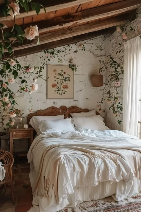 Discover cottage core bedroom ideas that bring charm and coziness to your space. Create a warm and inviting retreat with vintage decor. 🌸🏡 Cosy Cottage Bedroom Ideas, Cottage Core Green Bedroom, House Design Cottage Core, Vintage Cottage Core Bedroom Ideas, Cottagecore Bedroom Ideas Forest, Boho Bedroom Inspo Vintage, Old Cottagecore Aesthetic, Shabby Sheek Decor Cottage Chic, Airy Room Aesthetic