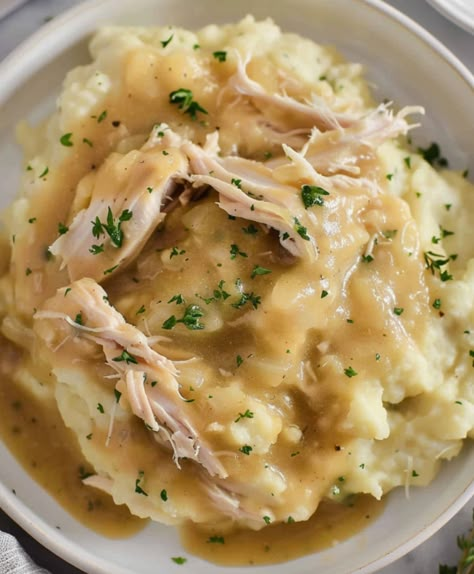 Chicken In Gravy Over Mashed Potatoes, Turkey Gravy And Mashed Potatoes, Shredded Chicken Mashed Potatoes, Turkey And Gravy Over Mashed Potatoes, Chicken Gravy Over Mashed Potatoes Recipe, Shredded Chicken Over Mashed Potatoes, Dutch Oven Chicken And Gravy, Chicken Mashed Potatoes And Gravy, Shredded Chicken Gravy Mashed Potatoes