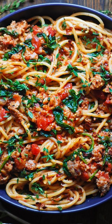 Italian Sausage Spaghetti in a blue bowl. Sausage Spinach Spaghetti, Spicy Sausage Spaghetti, Spagetti And Sausage, Pork Sausage Spaghetti, Spaghetti Recipes Italian Sausage, Quick Italian Sausage Recipes, Spaghetti Recipes With Ground Beef And Sausage, Spaghetti With Sweet Italian Sausage, Italian Sausage Meat Sauce